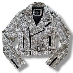 Ashley by 26 International M White Black Snakeskin Faux Leather Crop Moto Jacket